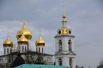 Dormition church. Kremlin in Dmitrov, old historical town in Moscow region, Russia. Color winter photo. Popular landmark.