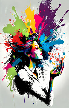 Dynamic image of a woman with rainbow paint exploding from her head. Generative AI, this image is not based on any original image, character or person.	
