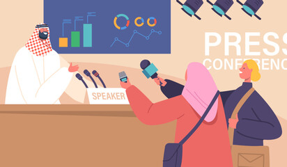 Press Conference or Briefing with Arab Investor. Muslim Politician Man Speaking to Audience on Tribune with Microphones