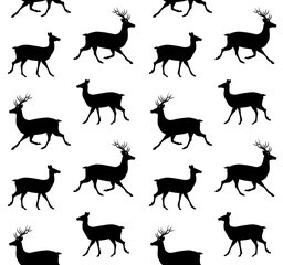 Vector seamless pattern of flat hand drawn deer silhouette isolated on white background