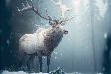 a beautiful white elk with long antlers in a forest.