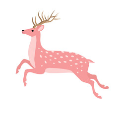 Vector flat hand drawn jumping pink deer isolated on white background