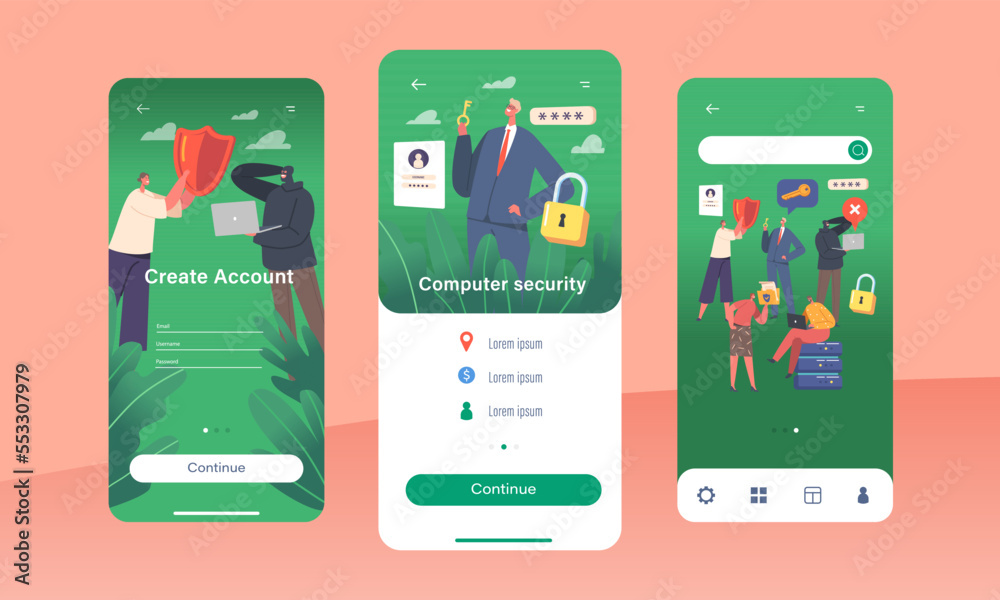 Poster computer security mobile app page onboard screen template. characters with shield and lock. privacy 