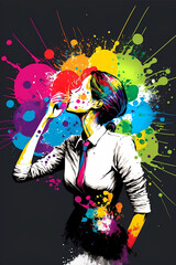 Dynamic image of a woman with with rainbow paint behind her kissing her fingers. Generative AI, this image is not based on any original image, character or person.	