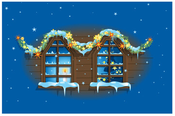 Winter wooden cottage, cabin covered in snow, cosy winter landscape, holiday season, snow, generic Christmas theme, looking through the windows, inside a Christmas-decorated house with snow outside