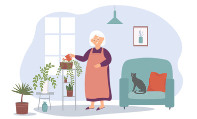 An elderly woman takes care of indoor plants, colors, waters. grows. Hobbies, the old lady's occupation at home. Vector graphics.