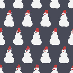 Seamless pattern of snowmen on a dark background. Snow, carrots, bucket. Winter entertainment in the cold season. Vector illustration