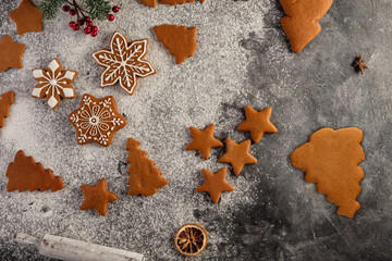 Various christmas gingerbread cookies on dark table with flour