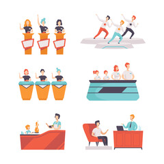 Tv Show and Television Program with People Participating Quiz Game and Interview Vector Set