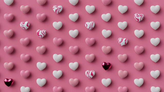 Multicolored Heart background. Valentine Wallpaper with Pink, White and Metallic love hearts. 3D Render 