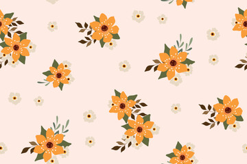 Seamless floral pattern with rustic motif. Cute flower print, liberty ditsy design with small hand drawn plants: yellow flowers, tiny leaves, bouquets on a light background. Vector illustration.