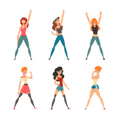 Young Woman Standing in Brave Pose Feeling Strength and Power Vector Set