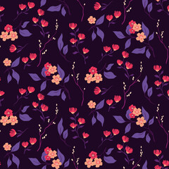 Seamless floral pattern with vintage Japanese garden. Elegant botanical print, flower background design in purple colors: hand drawn small flowers, leaves, tiny branches. Vector illustration.