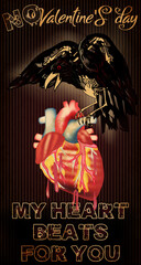 No  Valentines day card, My heart beats for you. Crow skeleton holding a heart vector illustration