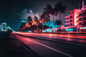 city street at night with colorful long exposure lights - obrazy, fototapety, plakaty
