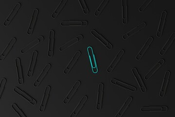 A blue paperclip on a background of other black paperclips. Business concept, office work. 3d render.