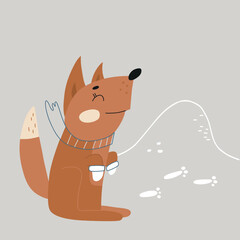 Cute vector fox in winter with traces of a hare on a snowdrift in the background. Hand drawn flat wild forest  character. Illustration perfect for poster, sublimation, wall art, kids design. 