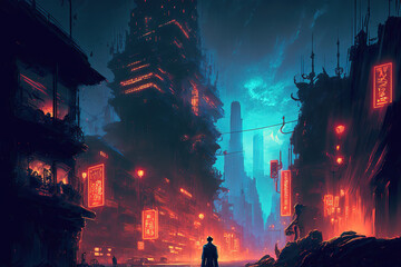 Fototapeta na wymiar Concept art illustration of cityscape of asian cyberpunk city at night