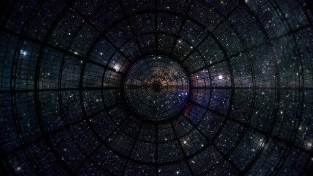 Starry Space View Geometric Form Zoom In Motion Background. Deep starry space see through a transparent circular dome roof. Concept motion background