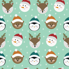 cute christmas seamless pattern with animals. penguin, bear, snowman, deer. merry christmas