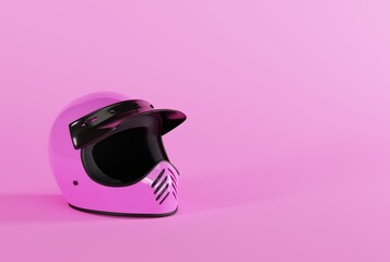 Motorcyclist helmet on a pink background. Concept of riding a motorbike, motorcyclist safety. 3D...