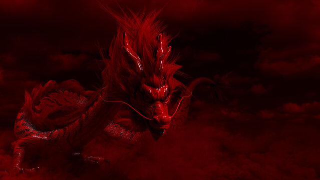 Lunar New Year Concept. Flying Chinese Dragon against a Cloudy Sky. Red design with copy-space.