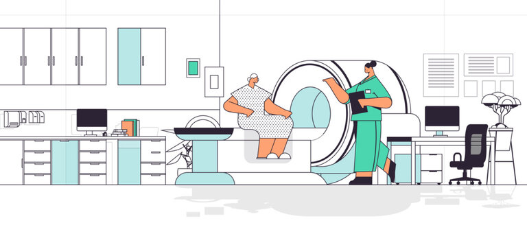 doctor with senior patient in tomography machine magnetic resonance imaging mri equipment hospital radiology concept