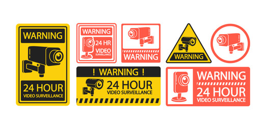 Set of Labels with Camera Security Warning Isolated Icons on White Background. Cctv Video Surveillance Monitoring Device