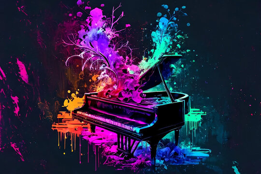 Grand piano erupting with colourful musical energy. Generative AI, this image is not based on any original image, character or person.