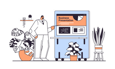 businessman making presentation in coworking center business man giving company growth report