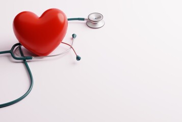 Heart and stethoscope on a light background. Health care, medical and pharmaceutical concept. Caring for the heart, heart problems, heart attack prevention. 3D render, 3D illustration.