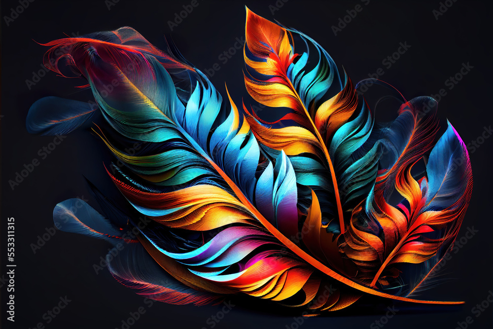 Poster abstract colorful feathers on black as header background