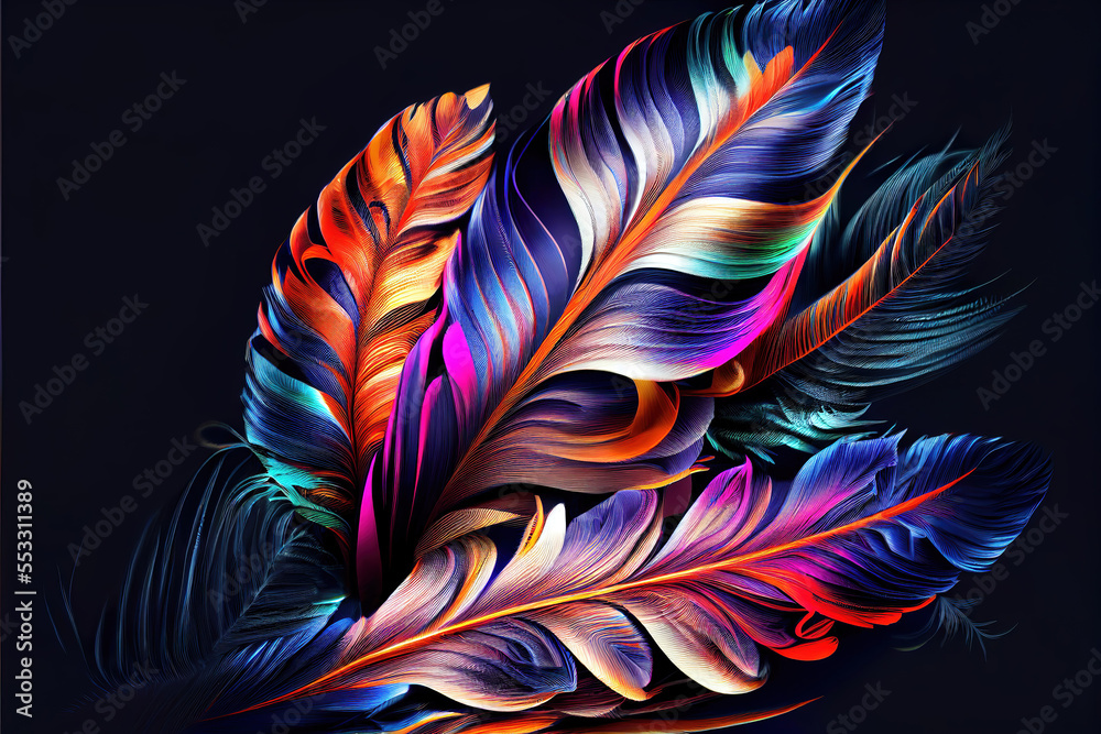 Wall mural abstract colorful feathers on black as header background