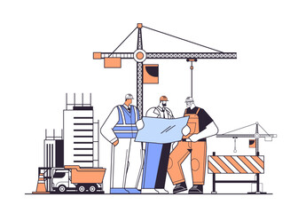 construction workers team holding blueprint industrial technicians builders group over city construction site tower cranes