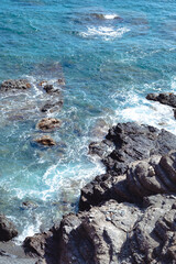 Rocky cliff coastal landscape on a quiet sunny scene in Costa Brava, Mediterranean Sea