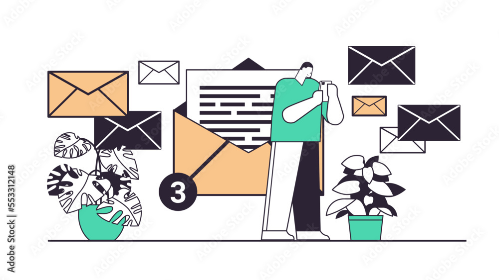 Poster businessman sending or receiving letters on smartphone email inbox message notification new unread m