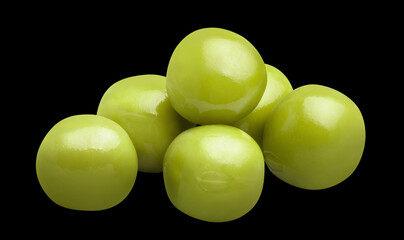 Delicious green peas, isolated on black background