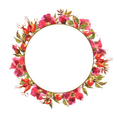 Watercolor rose hip wreath. Flowers, leaves and fruits of wild roses. Watercolor illustration isolated on white background.