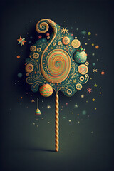Artistic christmas tree on a stick with beautiful decorations on a dark blue background with stars and colorful nowflakes