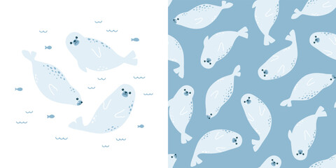 Cute vector collection with fur seal. Seamless pattern and animal illustration