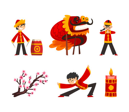 Asian New Year with Chinese Traditional Cultural Symbols Like Dragon, Sakura and Burning Candle Vector Set