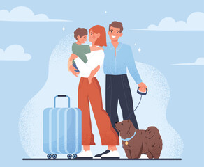 Family goes on vacation. Man and women with child and suitcases, young couple and happy family. Tourists and travelers with pet. Poster or banner for website. Cartoon flat vector illustration