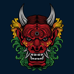 Illustration of hannya mask with japanese style drawing oni mask