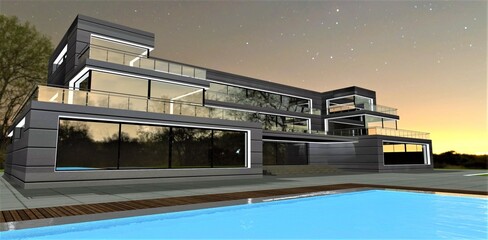 Exclusive design of a wonderful luxury hotel with illuminated pool and facade elements. Night view. The starry sky accentuates the sophistication of the minimalist architectural lines. 3d rendering.