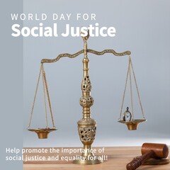 Composition of world day of social justice text over justice scales and gavel