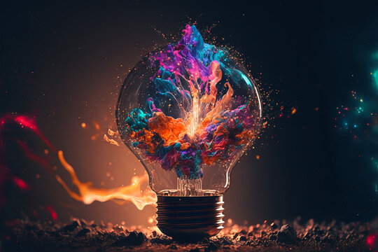 Lightbulb eureka moment with Impactful and inspiring artistic colourful explosion of paint energy. Generative AI, this image is not based on any original image, character or person.