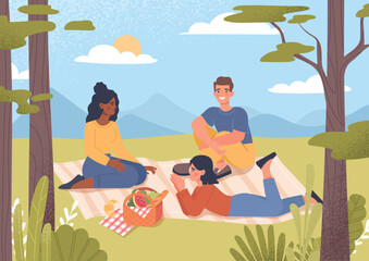 Picnic with friends. Women and man sit on blanket with fruits and vegetables and communicate. Active lifestyle and outdoor recreation. Poster or banner for website. Cartoon flat vector illustration