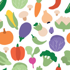 Vegetable seamless pattern. Healthy food background. Bell pepper, broccoli, zucchini pumpkin, onion... Organic, fresh, delicious vegetables. Flat vector illustration