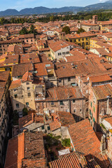 Lucca, Italy. Scenic aerial view with tiled roofs
