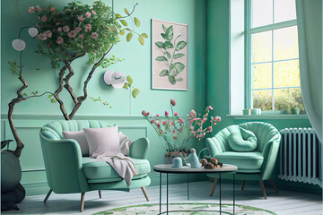 beautiful luxury pastel green interior with spring time flower decoration